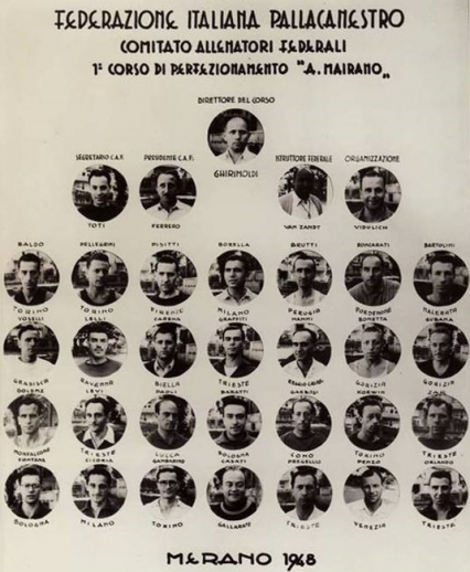 Locandina del primo corso federale di perfezionamento allenatori del 1948 a Merano; oltre al direttore del corso Egidio Ghirimoldi, segnaliamo la presenza dei "milanesi" Borella, Cicoria e Casati nonchè di Garbosi
